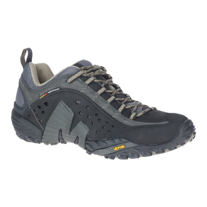 "Side view of a black and gray Merrell SMOOTH hiking shoe with Vibram sole and mesh detailing."