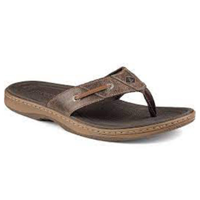 "Brown Sperry Baitfish Thong sandal with cushioned footbed and stitched sole, angled side view on white background."