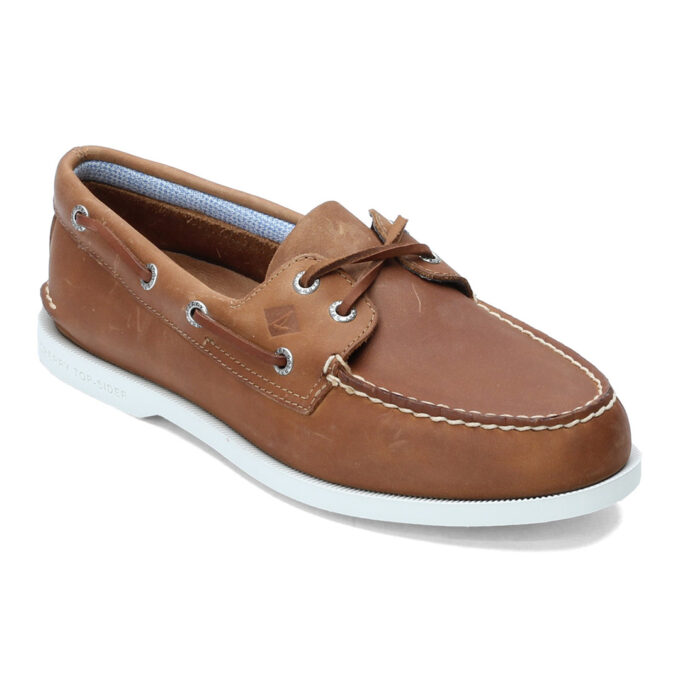 "Angled view of a tan brown Sperry A/O 2-Eye Plush Wave boat shoe with white sole, visible stitching, and leather laces."