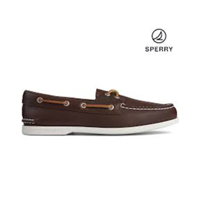 "Side view of a brown leather Sperry A/O Plushwave boat shoe with white stitching, tan leather laces threaded through metal eyelets, and a white rubber sole."