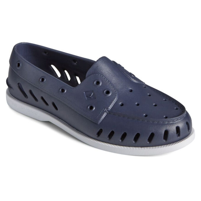 "Side view of a navy blue Sperry A/O FLOAT shoe showing perforations for ventilation and a quilted insole with the Sperry logo embossed."