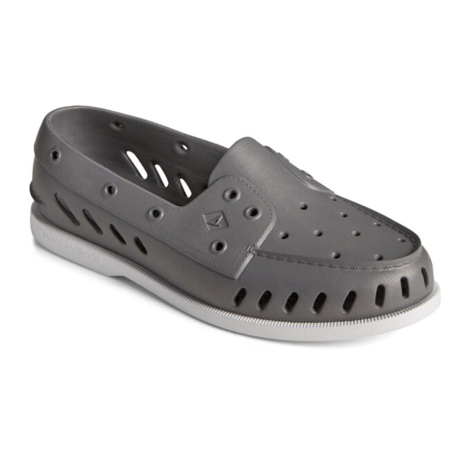 "Three-quarter view of a gray Sperry A/O FLOAT shoe with multiple ventilation holes and a white sole."