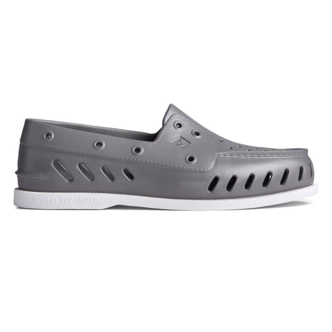 "Side view of a gray Sperry A/O FLOAT shoe with multiple ventilation holes and a white sole."