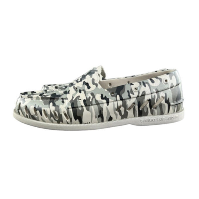 "Side view of Sperry A/O FLOAT - STS23436 shoes featuring a glossy gray and black camouflage print with signature moc-toe stitching and slip-on design."