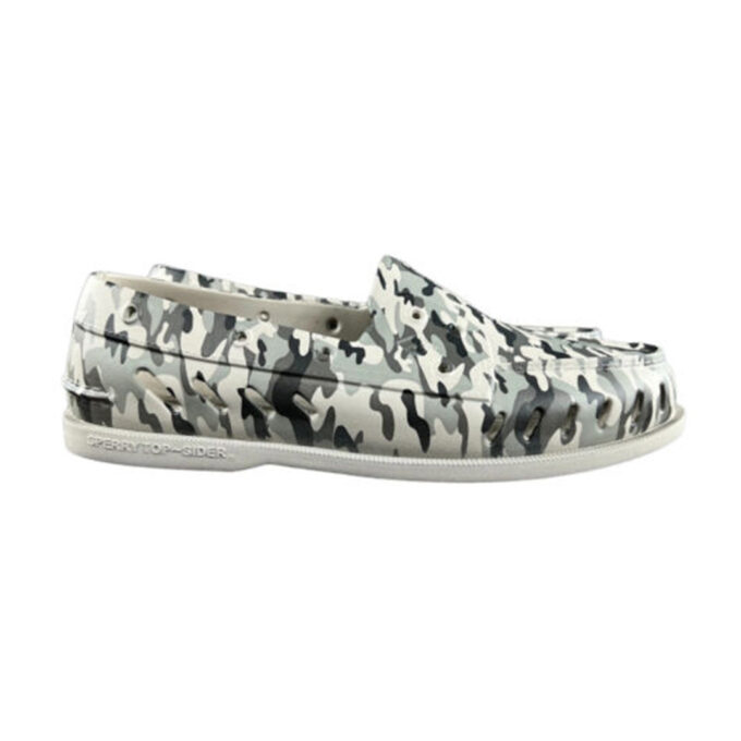 "Side view of Sperry A/O FLOAT - STS23436 shoes featuring a glossy gray and black camouflage print with signature moc-toe stitching and slip-on design."