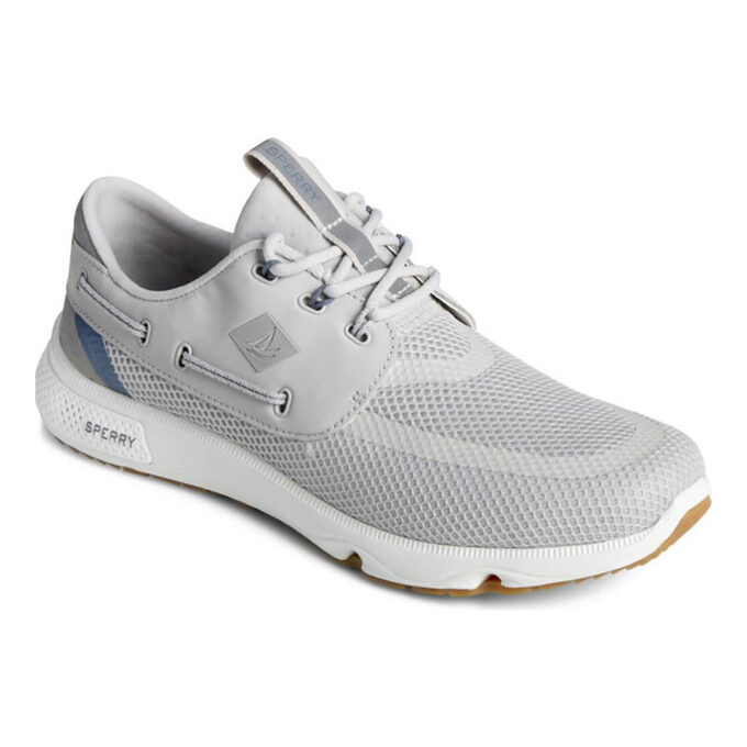 "Angled view of the Sperry 7 SEAS 3-Eye - STS23916 shoe in white and grey, featuring a breathable mesh upper, reinforced synthetic overlays, bungee lace system, and white midsole with gum rubber outsole designed for enhanced grip and all-day comfort."
