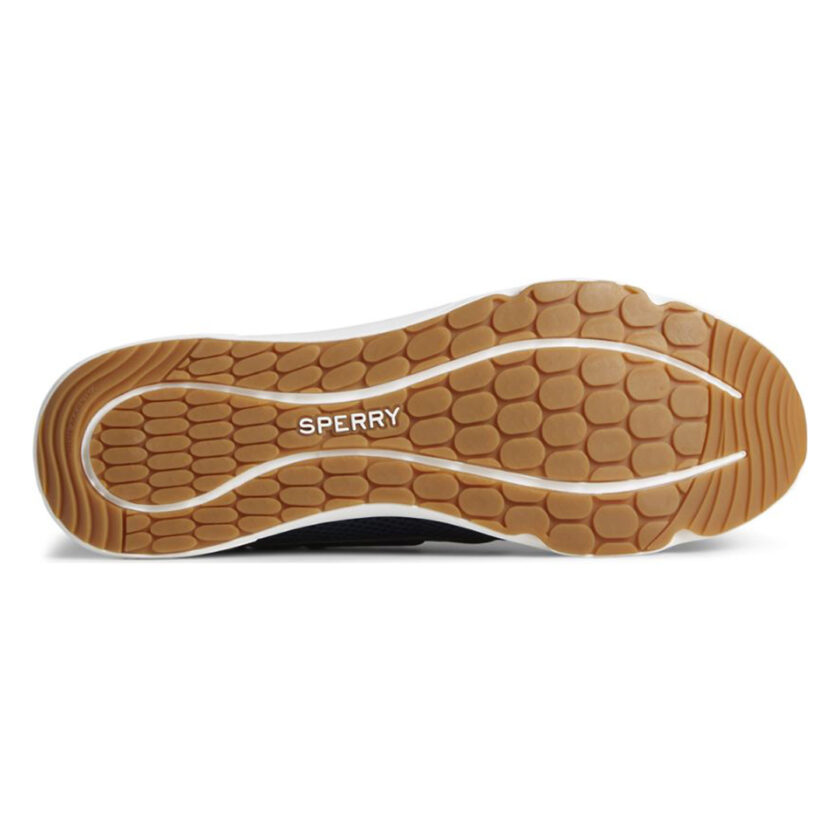 "Bottom view of Sperry 7 SEAS 3-Eye - STS24363 shoe, highlighting the non-marking rubber outsole with a wave-like traction pattern for enhanced grip, and the white "SPERRY" branding at the center."
